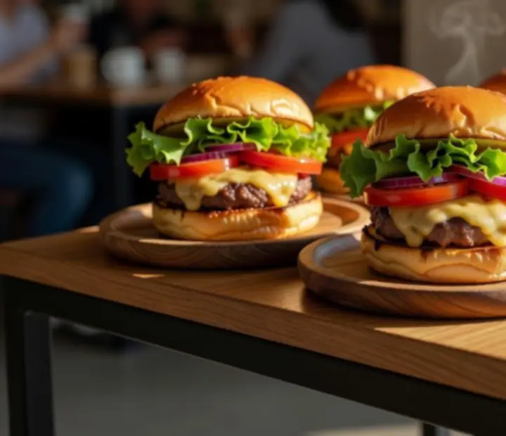 Rustic wooden platter with artisan burgers served at Keletora.