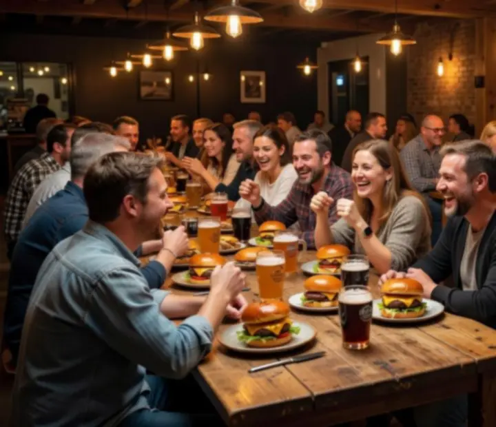 Guests sharing food and laughing inside Keletora bistro during an evening event.
