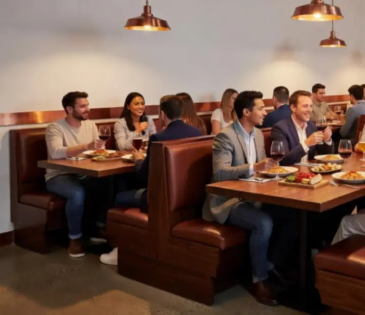 Contemporary industrial bistro interior with communal tables at Keletora.