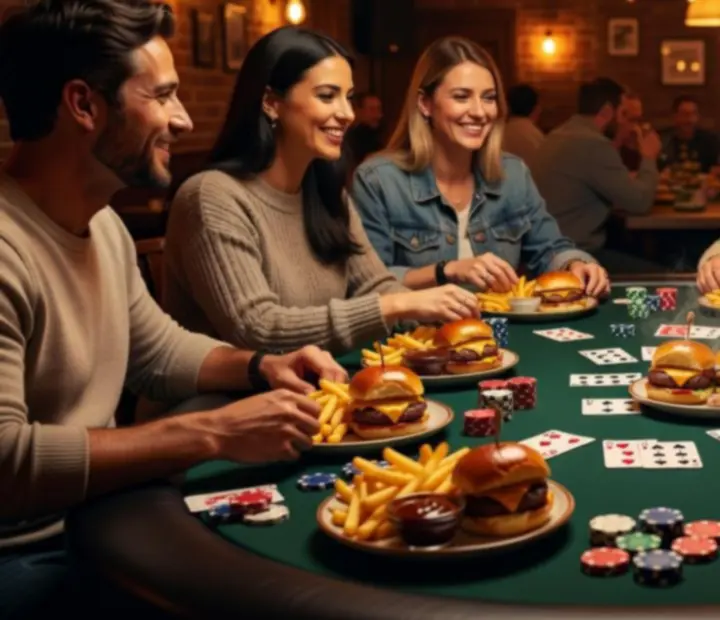 Shareable snacks and sliders laid out beside a poker table