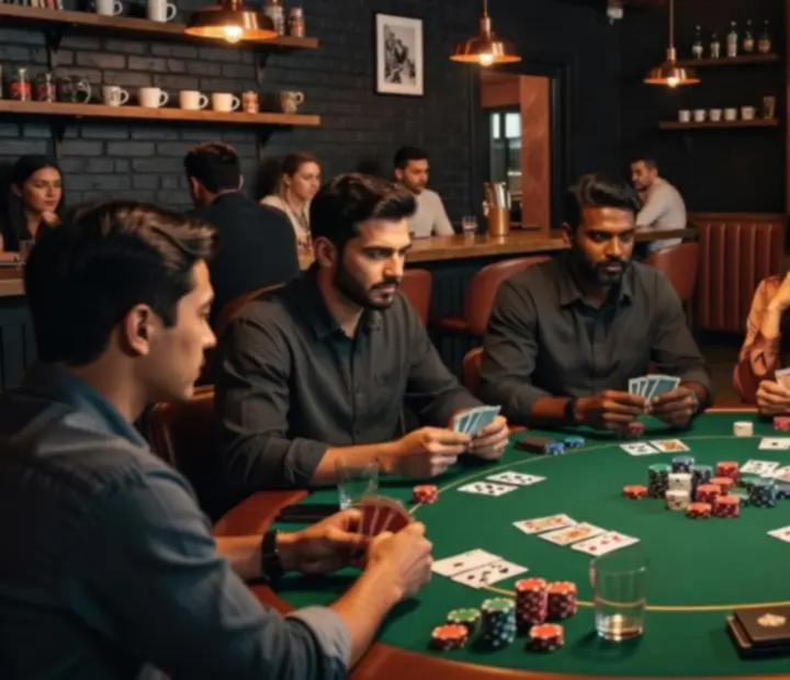 Players locked into a live poker tournament around a green felt table