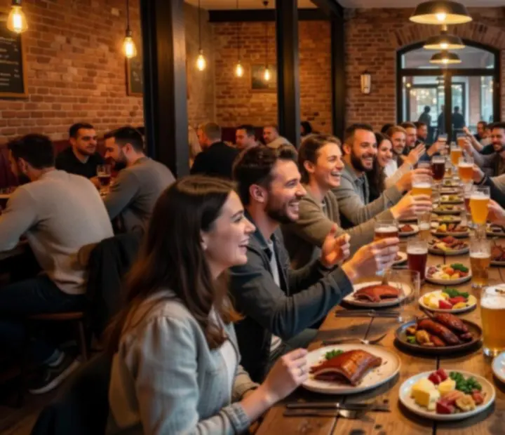 Friends gathered at Keletora’s urban bistro tables in Budapest, sharing food and drinks.