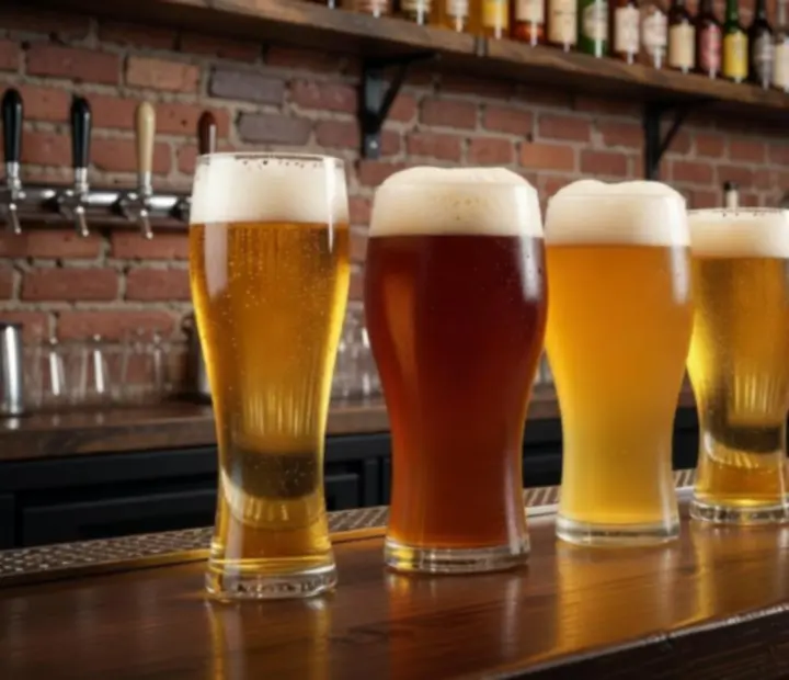 Craft beer glasses lined up on a bar in a modern urban bistro