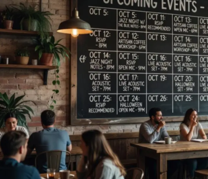 Chalkboard-style monthly events calendar on a bistro wall