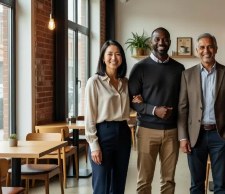 Keletora founding team standing casually together inside the bistro.