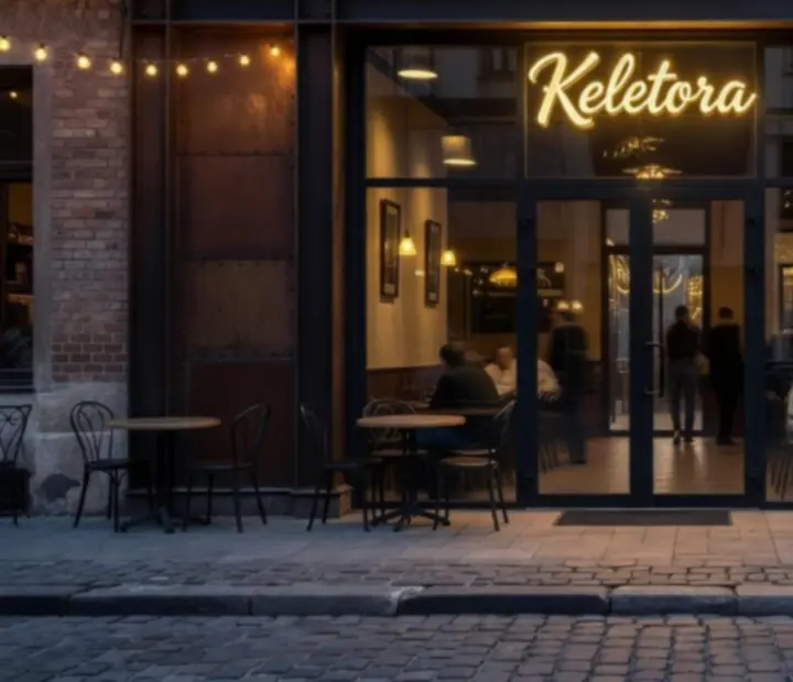 Keletora bistro exterior in Budapest's 7th District with warm evening lighting and outdoor seating.