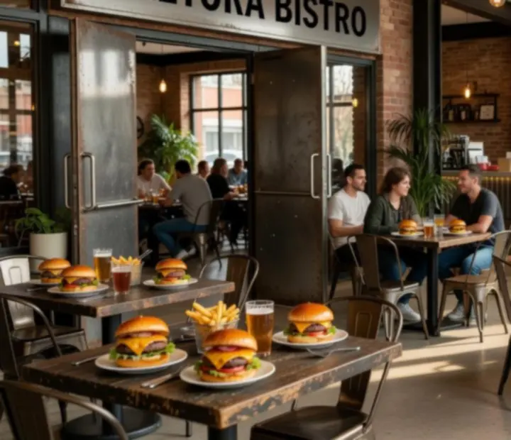 Guests enjoying artisan burgers and poker at Keletora's industrial bistro lounge.
