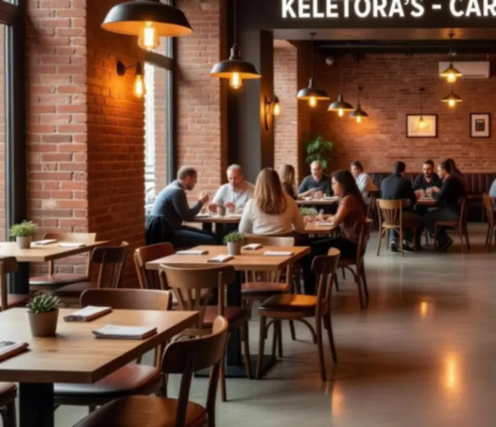Interior of Keletora showing modern bistro tables and the connected poker lounge atmosphere.