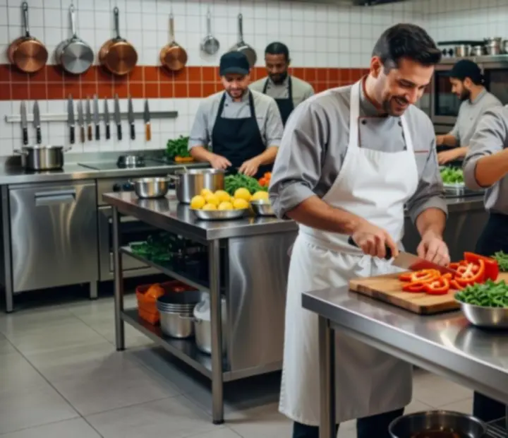 Kitchen and bar team working together in an energetic bistro environment.