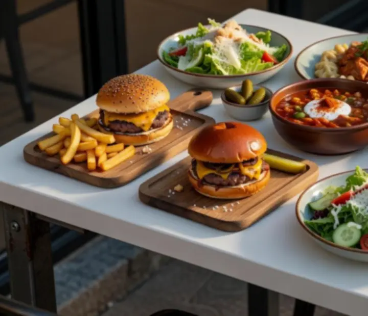 Overhead view of modern bistro dishes arranged on an industrial table