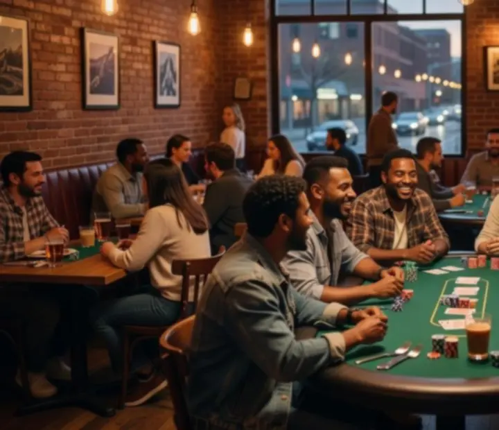 Friends gathered around a green-felt poker table inside Keletora's urban bistro lounge.