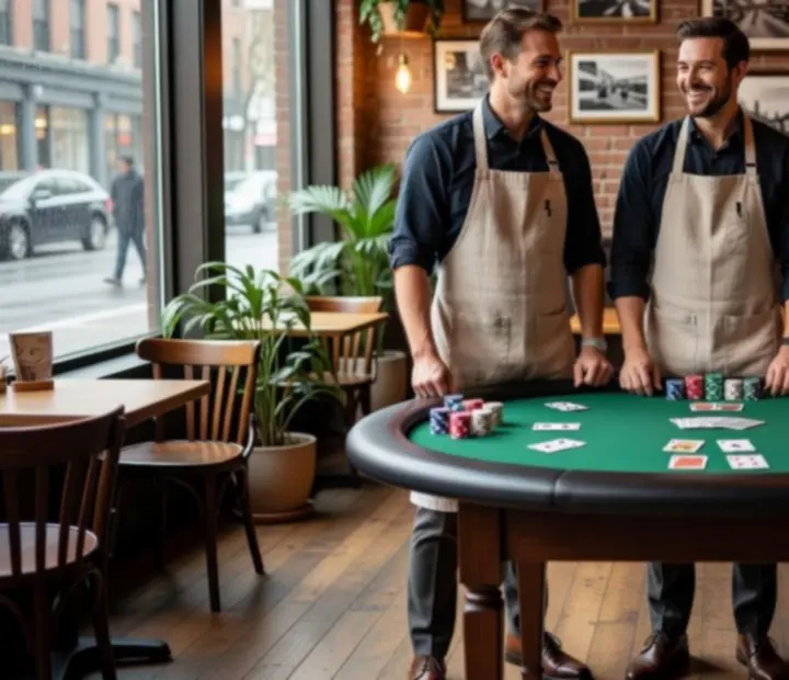 Keletora card room hosts standing by the poker tables, welcoming players.