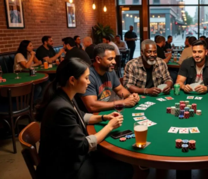 Close-up of poker chips and cards on a green felt table at Keletora during a live event.