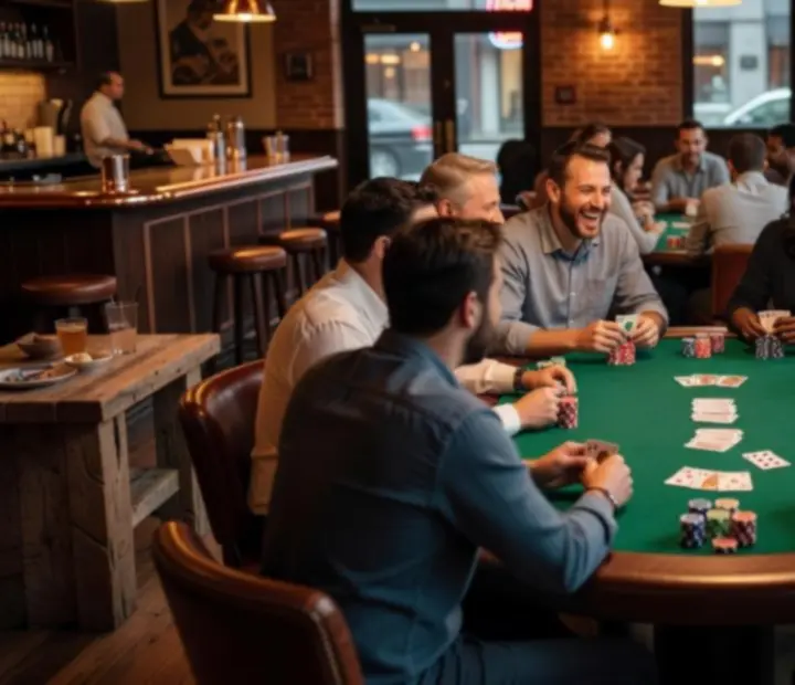 Friends seated at a green-felt poker table at Keletora, smiling and holding cards.