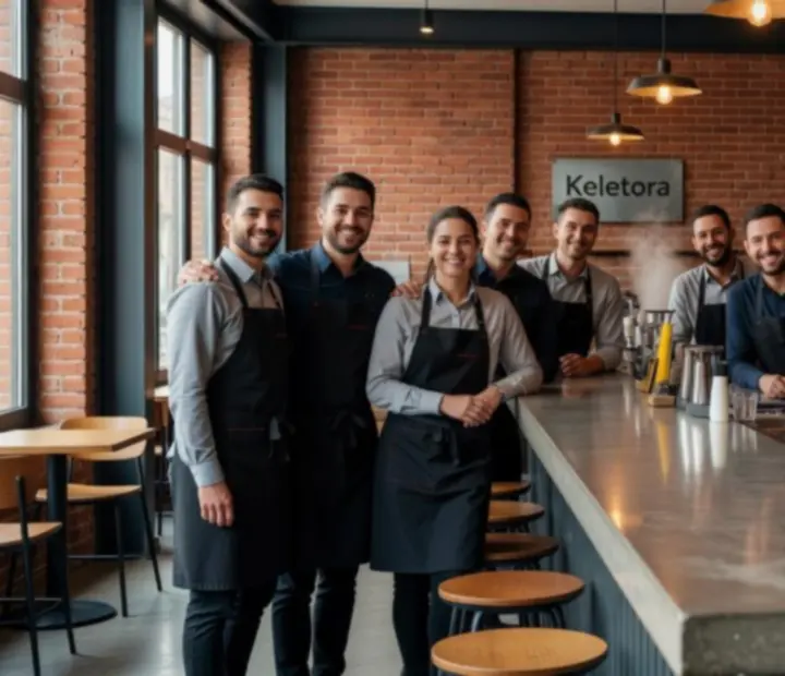 Team members standing behind the bar at Keletora, smiling during service.